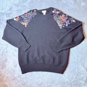 Vintage Eminent Lambswool Angora Sequin Shoulder Sweater Black Iridescent M